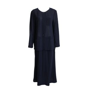 Chanel Jacket + Skirt Suit 2pc Sheer Wool Crepe Button Front Navy Blue 99P HTF